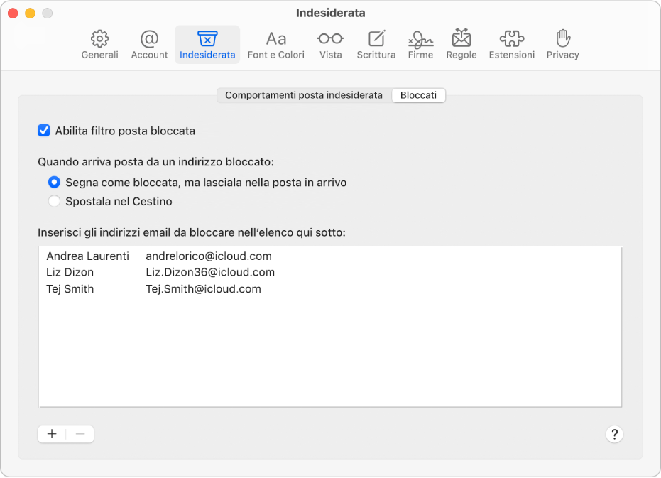 Il pannello Bloccati nelle impostazioni di Mail con un elenco dei mittenti bloccati. Il riquadro per abilitare il filtro dei messaggi email bloccati è selezionato, come l’opzione che contrassegna le email bloccate ma che quando arrivano vengono lasciate nella casella Entrata.
