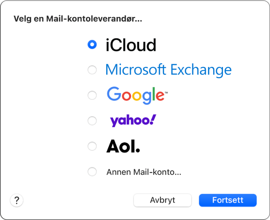 Dialogruten for å velge en e-postkontotype, som viser iCloud, Microsoft Exchange, Google, Yahoo, AOL og Annen e-postkonto.