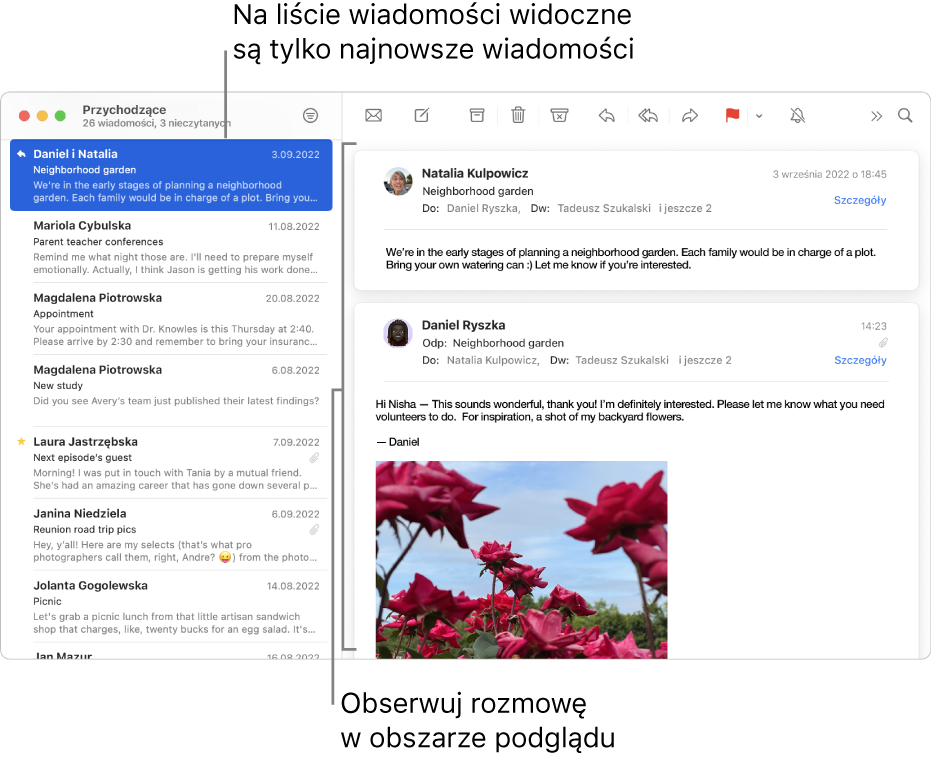 Na liście wiadomości wyświetlana jest tylko najnowsza wiadomość z rozmowy. Liczba wyświetlana w najwyższej wiadomości wskazuje ilość wiadomości zawartych w tej rozmowie w bieżącej skrzynce pocztowej. Możesz czytać rozmowę w obszarze podglądu.