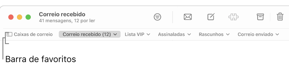 Barra de favoritos a mostrar o botão “Caixas de correio” e os botões para aceder às caixas de correio favoritas, como “Lista VIP” ou “Assinaladas”.