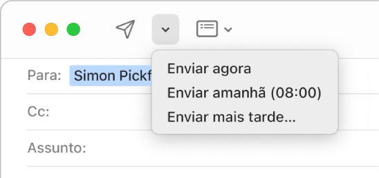 Um menu na janela de mensagem com várias opções para enviar um e-mail: “Enviar agora”, “Enviar amanhã às 8:00” e “Enviar mais tarde”.