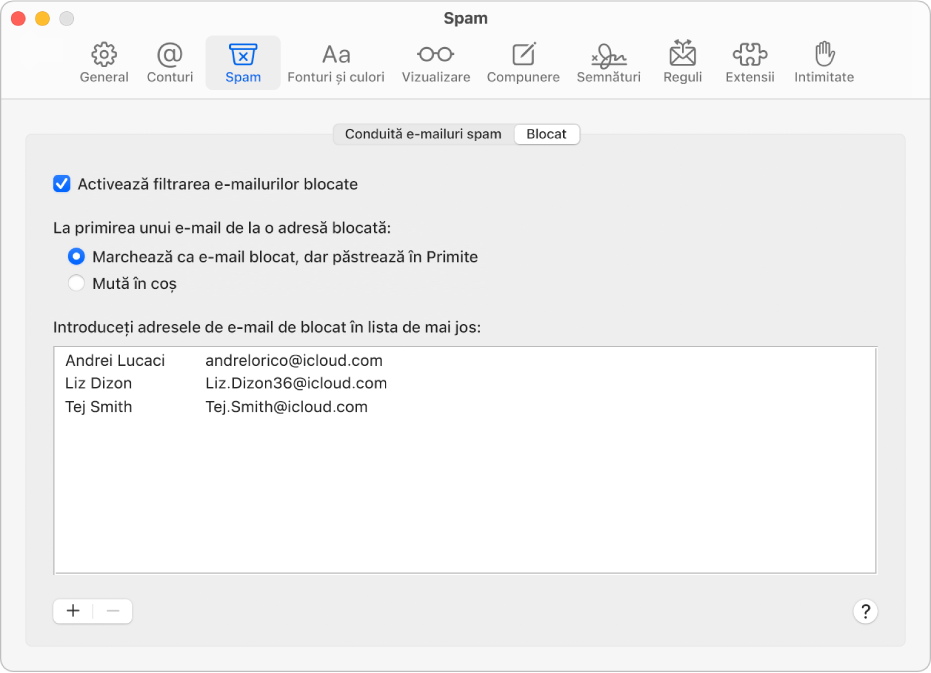 Panoul Blocat din configurările Mail afișând o listă a expeditorilor blocați. Caseta de validare pentru activarea filtrării e-mailurilor blocate este selectată, la fel ca opțiunea de a marca e-mailurile blocate, dar a le păstra în Primite la sosire.