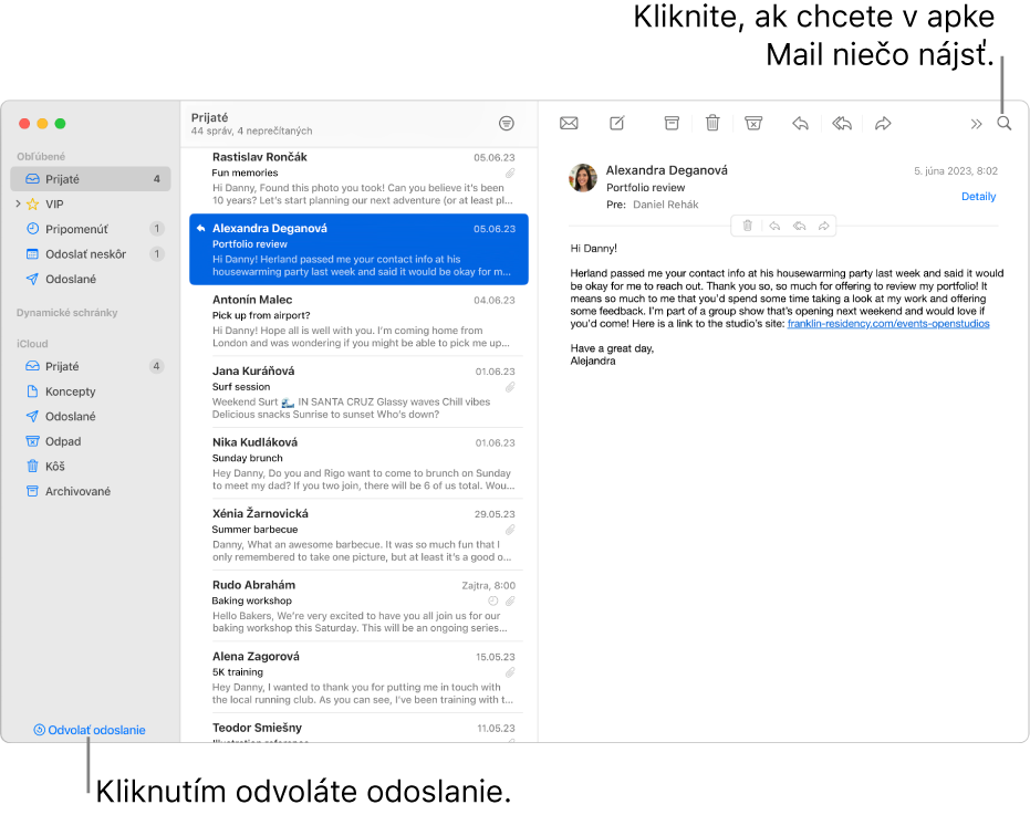 Okno apky Mail zobrazujúce postranný panel na ľavej strane. Tlačidlo Odvolať odoslanie sa nachádza v spodnej časti postranného panela.