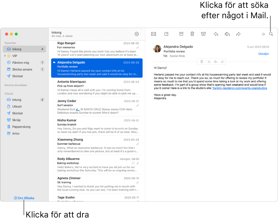 Ett Mail-fönster med sidofältet till vänster. Knappen Dra tillbaka finns i nederkanten av sidofältet.