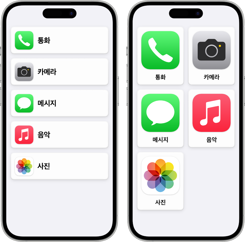 보조 접근을 사용 중인 두 개의 iPhone. 하나는 앱이 행으로 나열된 홈 화면을 표시함. 다른 하나는 격자로 정렬된 더 큰 앱을 표시함.