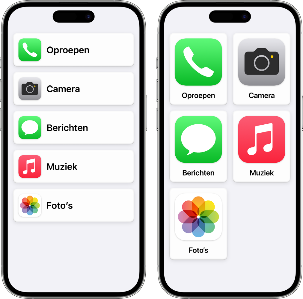 Twee iPhones met hulpbedieningstoegang. Op de ene is het beginscherm te zien met apps in rijen onder elkaar. Op de andere zijn grotere apps in een raster te zien.