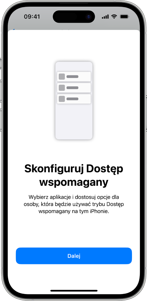 iPhone wyświetlający ekran konfiguracji trybu Dostęp wspomagany z przyciskiem Kontynuuj u dołu.