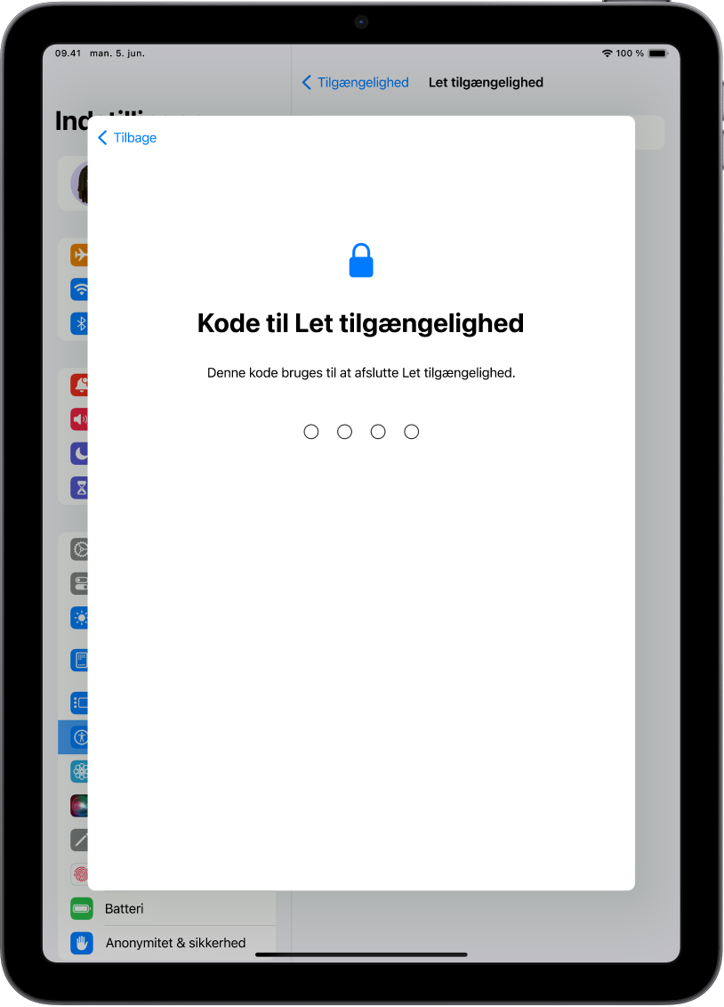 En iPad, der viser skærmen til indstilling af koden til Let tilgængelighed, der bruges, når Let tilgængelighed startes og sluttes.