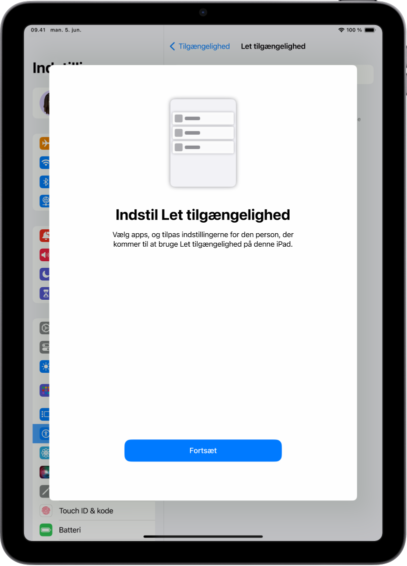 En iPad, der viser indstillingsskærmen til Let tilgængelighed med knappen Fortsæt nederst.