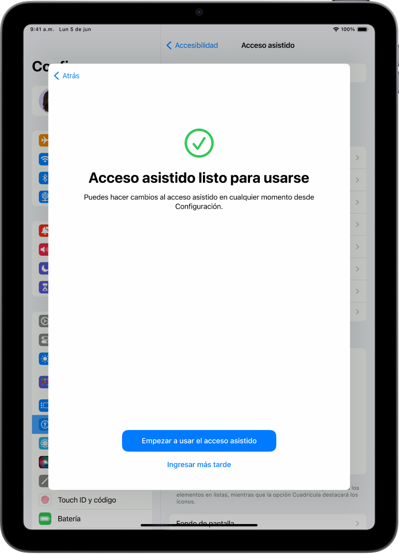 Un iPad mostrando que el acceso asistido está listo con un botón en la parte inferior para entrar a este modo.