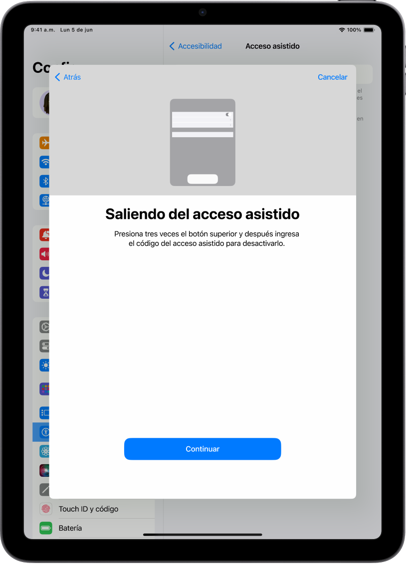 Un iPad con una pantalla explicando cómo salir del acceso asistido.