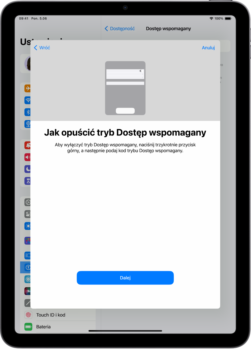 iPad z ekranem wyjaśniającym sposób opuszczania trybu Dostęp wspomagany.