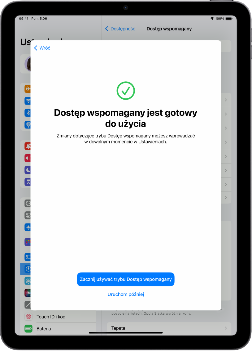 iPad wyświetlający informację o gotowości do użycia trybu Dostęp wspomagany, z przyciskiem u dołu umożliwiającym przejście do trybu Dostęp wspomagany.