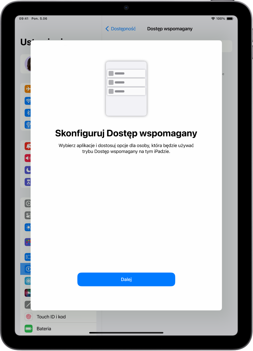 iPad wyświetlający ekran konfiguracji trybu Dostęp wspomagany z przyciskiem Kontynuuj u dołu.