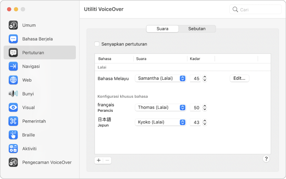 Seting seperti suara dan kadar bercakap untuk berbilang bahasa VoiceOver ditunjukkan dalam anak tetingkap Suara pada kategori Pertuturan dalam Utiliti VoiceOver.