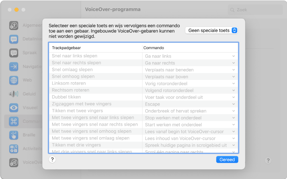 Een lijst met VoiceOver-gebaren en bijbehorende commando's in het overzicht met trackpadcommando's van VoiceOver-programma.