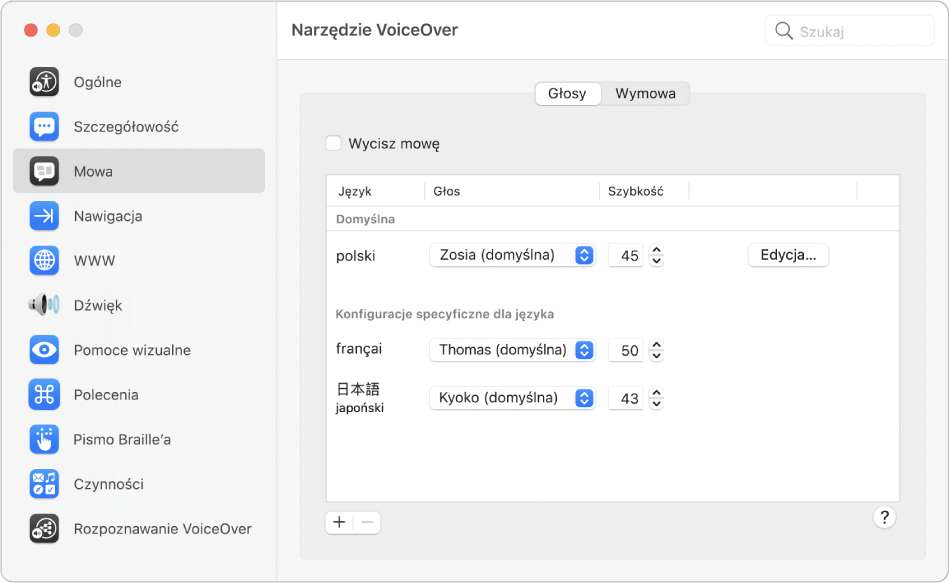 Panel Głosy w kategorii Mowa w Narzędziu VoiceOver, wyświetlający takie ustawienia, jak głos i szybkość mówienia, dotyczące różnych języków obsługiwanych przez VoiceOver.