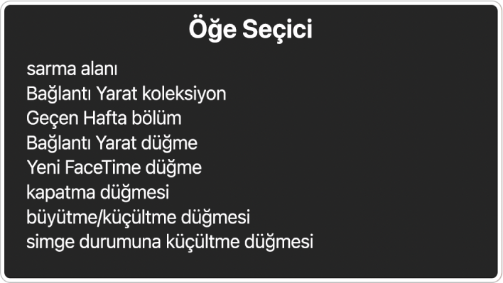 Öğe Seçici; diğer öğelerin yanı sıra kaydırma alanı ve kapatma düğmesi gibi öğeleri listeleyen bir paneldir.