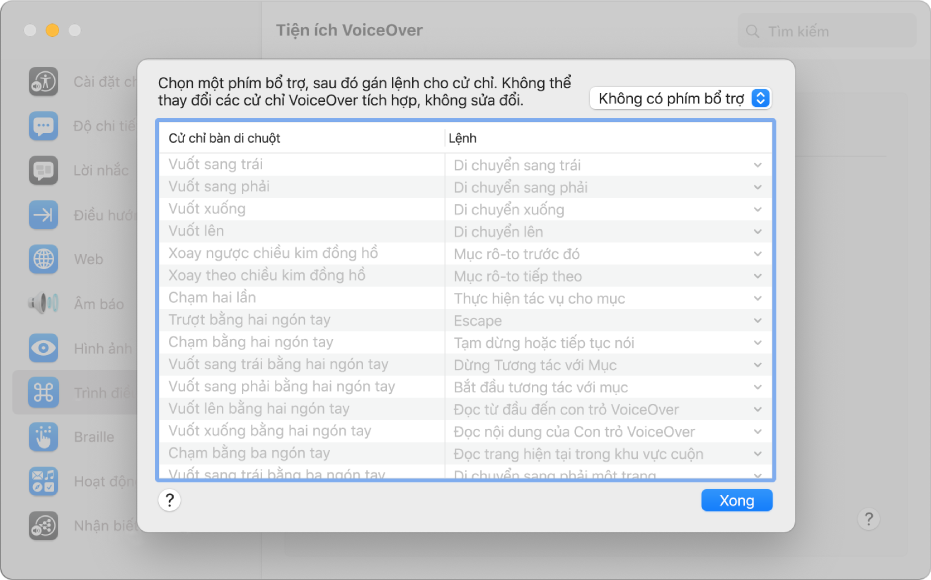 Danh sách các cử chỉ VoiceOver và các lệnh tương ứng được hiển thị trong Trình điều khiển bàn di chuột trong Tiện ích VoiceOver.