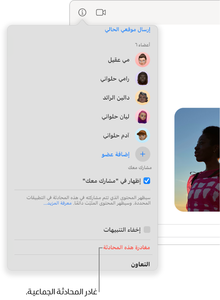 طريقة العرض معلومات، حيث تظهر بعد النقر على الزر معلومات في محادثة. ترك هذه المحادثة بالقرب من أسفل مربع الحوار.