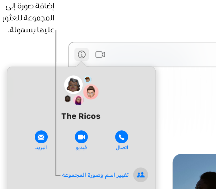 تعرض طريقة العرض معلومات بمحادثة جماعية، حيث تظهر بعد النقر على الزر معلومات في المحادثة، أيقونات أعضاء المجموعة واسم المجموعة. توجد أزرار أسفل اسم المجموعة لإجراء مكالمة صوتية أو مكالمة فيس تايم فيديو أو إرسال بريد إلكتروني إلى المجموعة. ويوجد أسفل تلك العناصر الزر الذي يغير اسم المجموعة وصورتها.