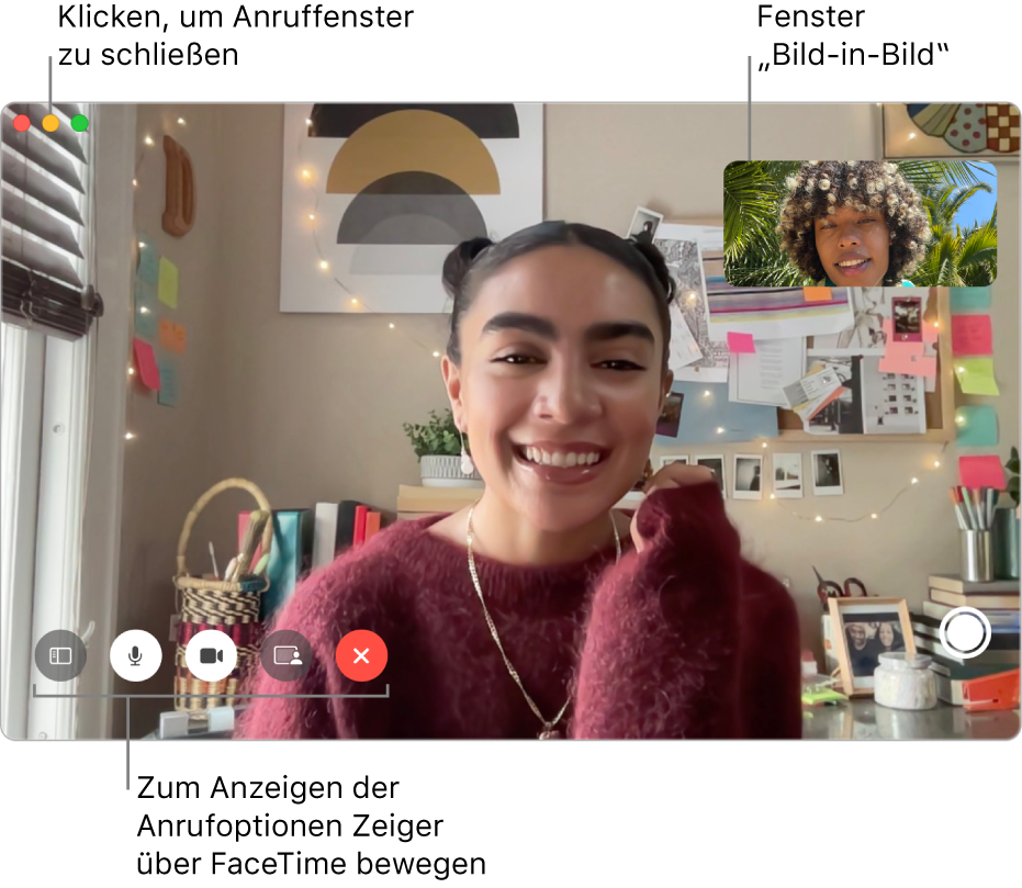 Bewege den Zeiger über das FaceTime-Fenster, um Optionen wie „Seitenleiste“, „Stumm“, „Video stumm schalten“, „Bildschirmfreigabe“, „Anruf beenden“ und „Live Photo“ anzuzeigen. Klicke auf die mittlere Taste links oben, um das Anruffenster auszublenden. Das Bild-in-Bild-Fenster wird oben rechts angezeigt.