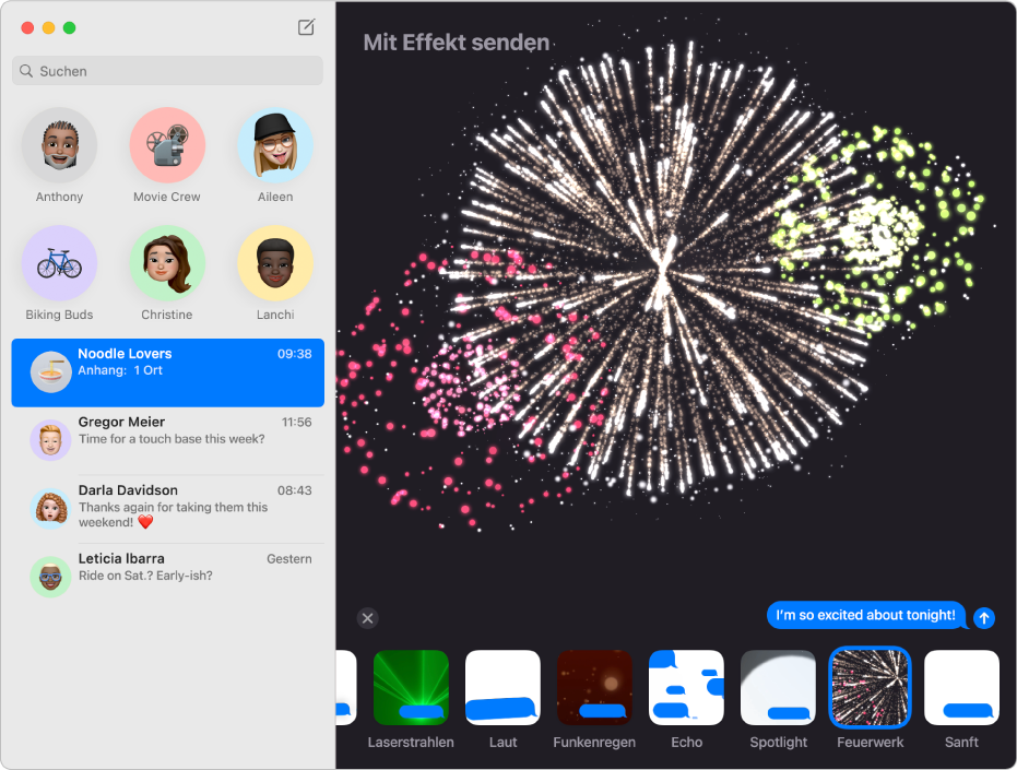 Das Fenster „Nachrichten“ mit einer Liste von Konversationen in der Seitenleiste links und dem Nachrichteneffekt „Feuerwerk“ in der Konversation rechts.