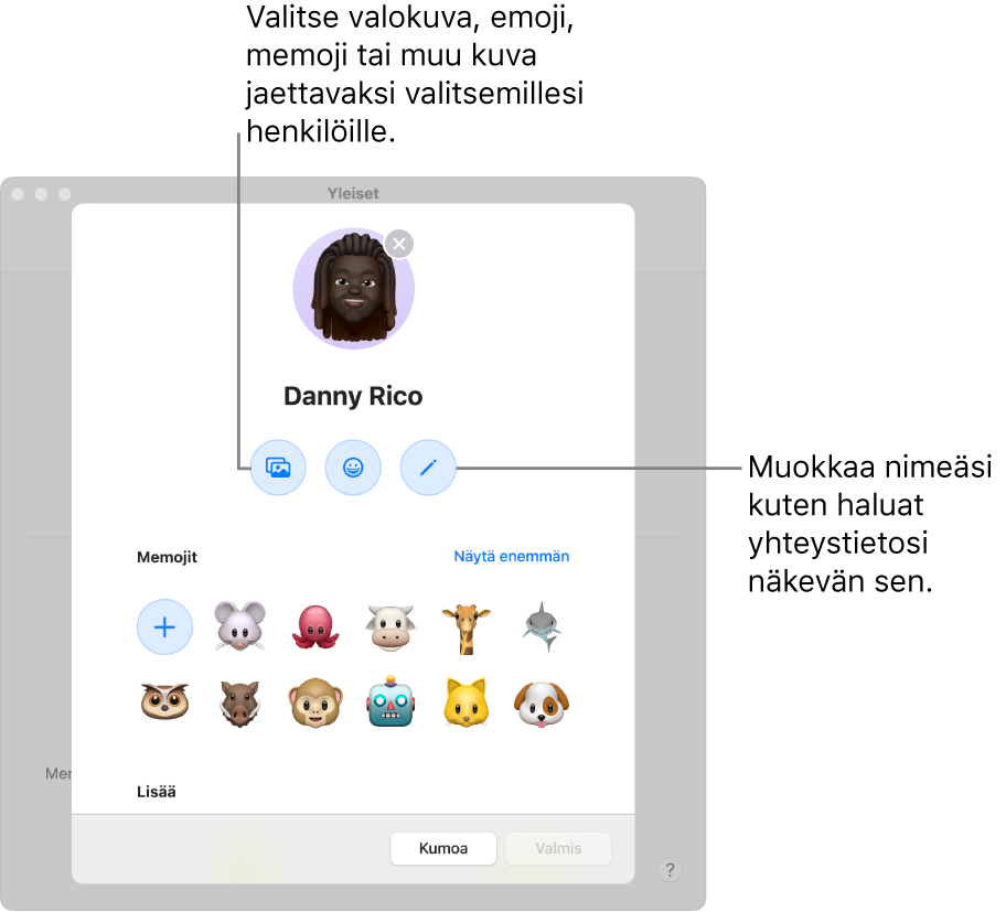 Nimen ja kuvan jakaminen ‑valintaikkuna, jossa näkyvillä valinnoilla voi muokata yhteystiedoille näytettävää nimeä ja valita valokuvan, emojin, memojin tai muun kuvan.
