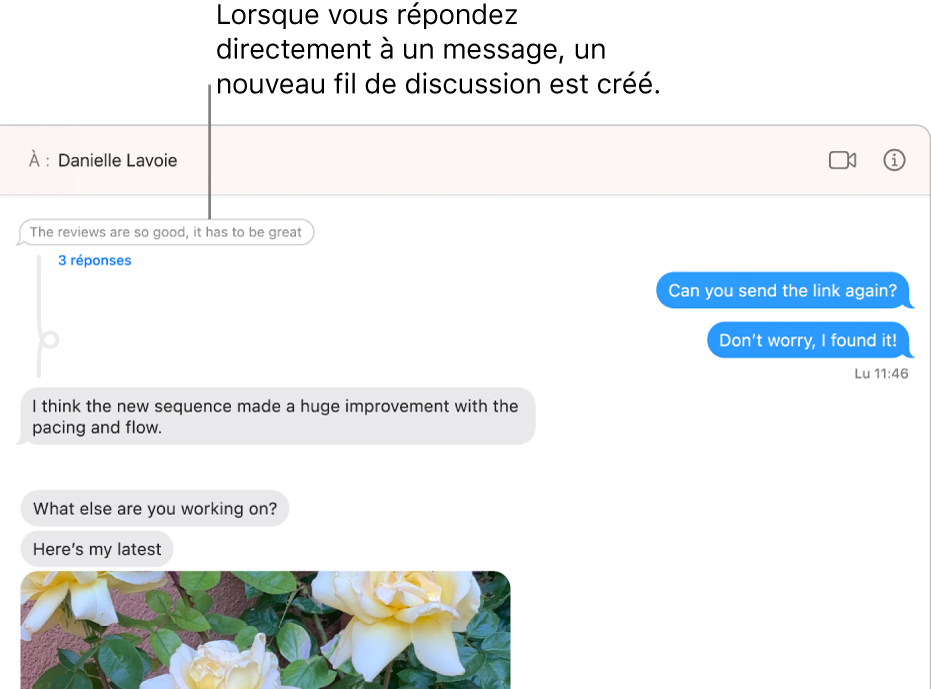 La fenêtre de Messages qui affiche une conversation avec un nouveau fil sous un message donné.