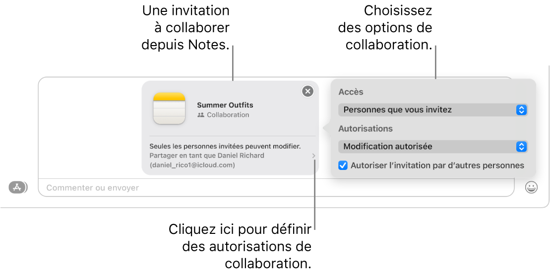 Gros plan sur le champ du message texte en bas de la conversation Messages. Vous pouvez voir une invitation à collaborer sur une note. Vous pouvez cliquer sur le côté droit de l’invitation pour définir les autorisations de collaboration.