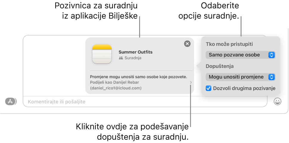 Krupni plan polja tekstualne poruke pri dnu razgovora u Porukama. Postoji pozivnica za suradnju na bilješci. Možete kliknuti desnu stranu pozivnice za postavljanje dozvola za suradnju.