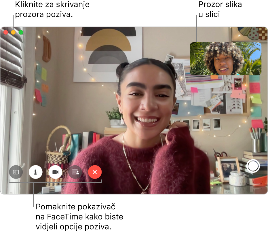 Pomaknite pokazivač preko prozora aplikacije FaceTime kako biste vidjeli opcije Rubni stupac, Isključi zvuk, Isključi zvuk videozapisa, Dijeljenje zaslona, Završi poziv i Live Photo. Kliknite srednju tipku u gornjem lijevom kutu za skrivanje prozora poziva. Prozor sa slikom u slici pojavljuje se u gornjem desnom kutu.