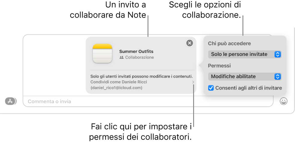 Un primo piano del campo del messaggio di testo nella parte inferiore della conversazione di Messaggi. È presente un invito a collaborare a una nota. Puoi fare clic sul lato destro dell’invito per impostare i permessi di collaborazione.