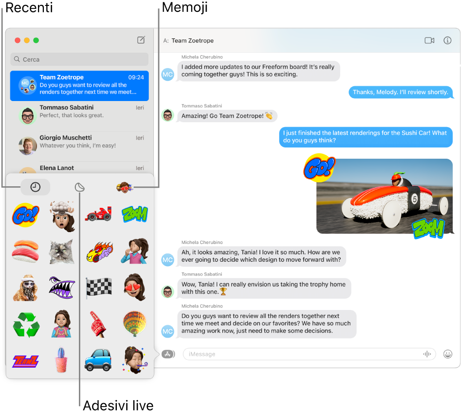 Una finestra di Messaggi con diverse conversazioni elencate nella barra laterale a sinistra. Le opzioni Adesivi nell’angolo in basso a sinistra mostra Recenti, Adesivi live e Memoji. Una conversazione è visualizzata a destra.