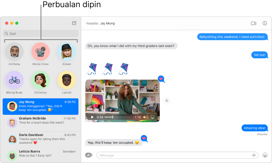 Mesej dengan beberapa perbualan dipinkan di sebelah kiri tetingkap.