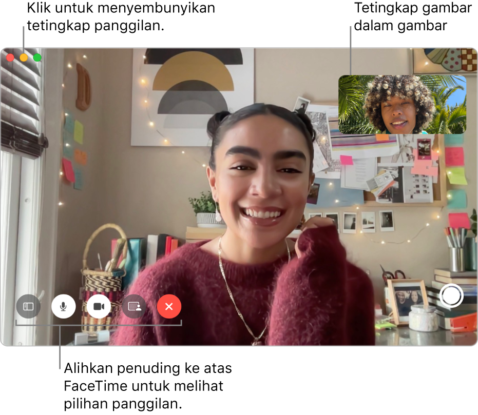 Alihkan penuding ke atas tetingkap FaceTime untuk melihat butang Bar Sisi, Senyap, Senyapkan Video, Kongsi Skrin, Tamatkan Panggilan dan Live Photo. Klik butang tengah di penjuru kiri atas untuk menyembunyikan tetingkap panggilan. Tetingkap gambar dalam gambar muncul di penjuru kanan atas.