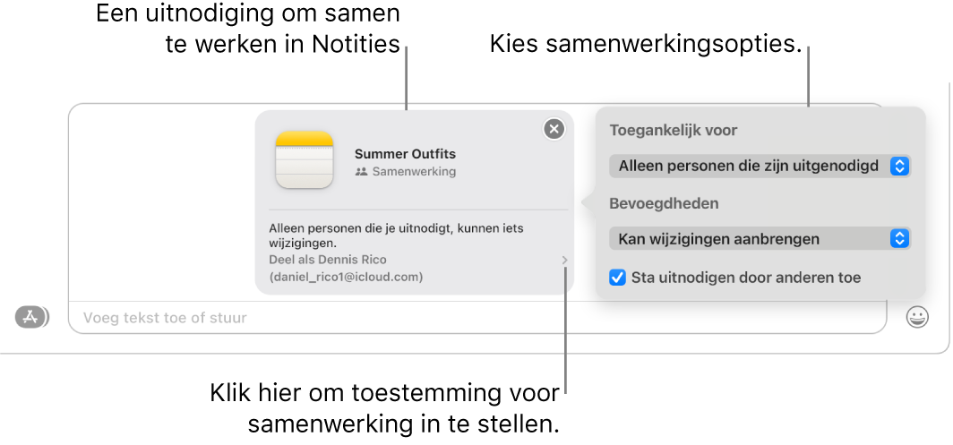 Een close-up van het tekstveld onder in het gesprek in Berichten. Er is een uitnodiging beschikbaar om samen te werken aan een notitie. Je kunt rechts naast de uitnodiging klikken om de bevoegdheden voor de samenwerking in te stellen.