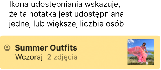 Notatka, która została udostępniona innym osobom oraz ikona przycisku udostępniania po lewej stronie nazwy notatki.