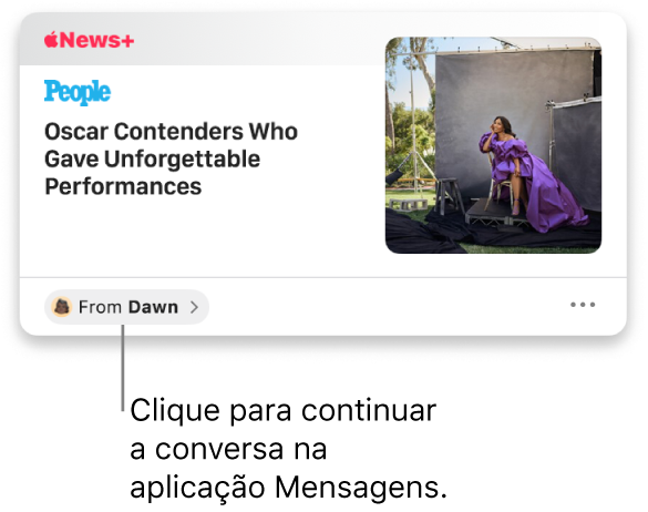 Um artigo de notícias na aplicação News. Clique na etiqueta “De” para enviar uma resposta na aplicação Mensagens.