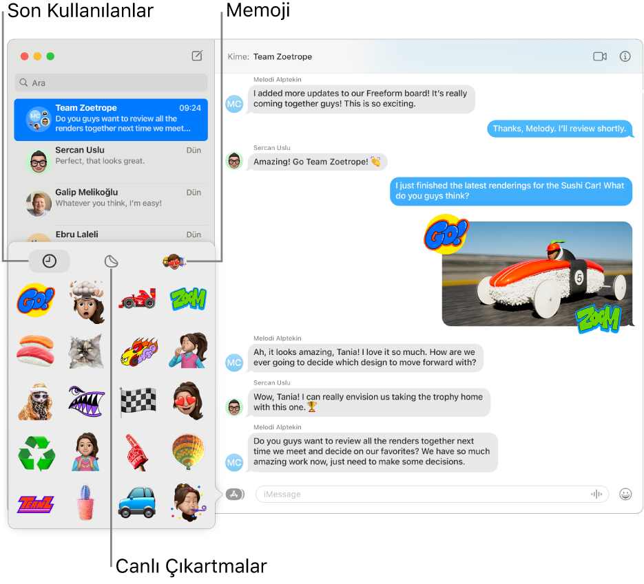 Soldaki kenar çubuğunda çeşitli yazışmaların listelendiği bir Mesajlar penceresi. Sol alt köşedeki Çıkartmalar seçenekleri arasında Son Kullanılanlar, Canlı Çıkartmalar ve Memoji gösteriliyor. Sağda bir yazışma gösteriliyor.
