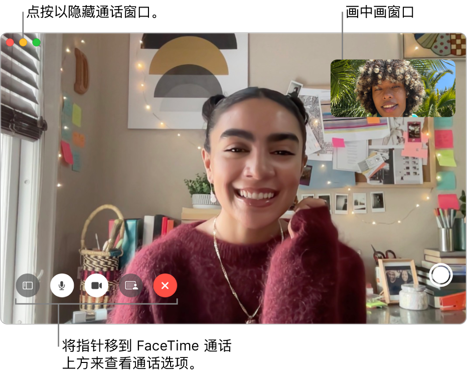 将指针移到 FaceTime 通话窗口上方来查看“边栏”、“静音”、“静音视频”、“屏幕共享”、“结束通话”和“实况照片”按钮。点按左上角的中间按钮以隐藏通话窗口。画中画窗口显示在右上方。