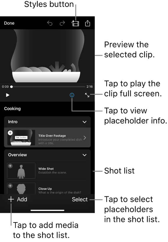 An open Storyboard project, with the selected placeholder clip appearing in the viewer and the shot list below.