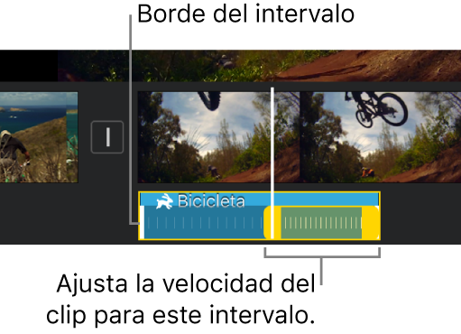 Un intervalo de velocidad con manijas de intervalo amarillas en un clip de audio en la línea del tiempo y con líneas amarillas en el clip que indican los bordes de intervalo.