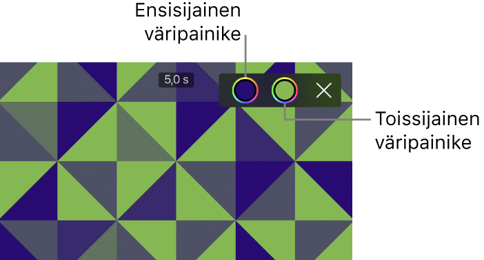 Katseluikkuna, jossa näkyy sininen ja vihreä kuviollinen tausta sekä ensisijaisen ja toissijaisen värin painikkeet oikeassa yläkulmassa.