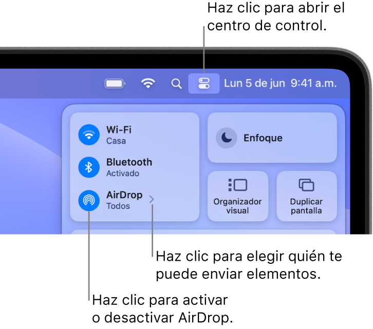 Una ventana del centro de control mostrando los controles para activar o desactivar AirDrop, así como para elegir quién puede enviar archivos.