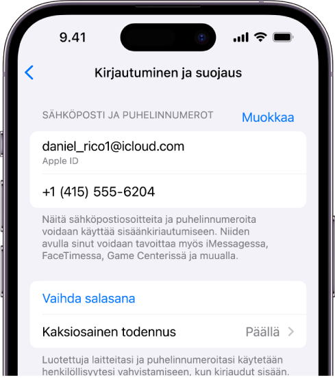 iPhonen näyttö, jossa kaksiosainen todennus on laitettu päälle.