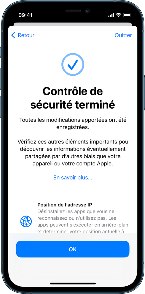 Un écran de Contrôle de sécurité indiquant que le contrôle de sécurité est terminé.