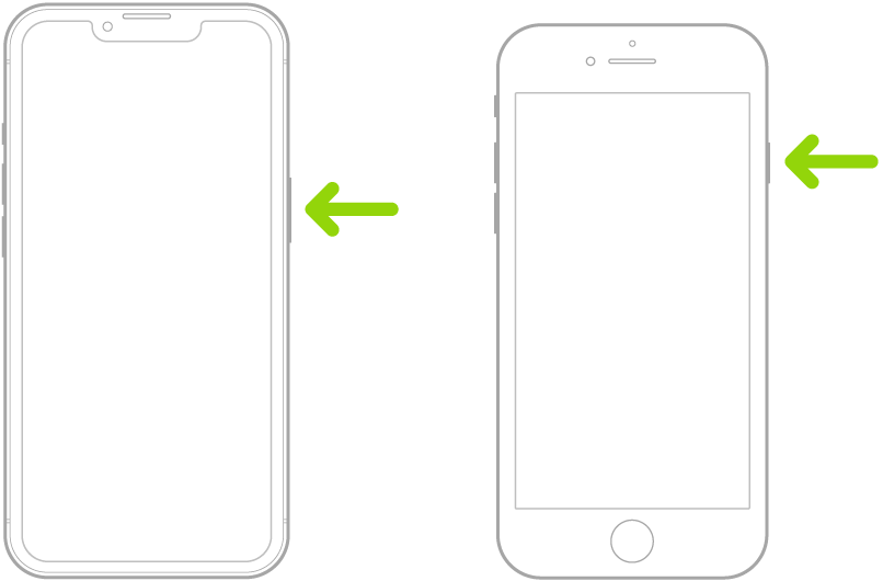 La position du bouton latéral et celle du bouton Marche/Veille sur l’iPhone.