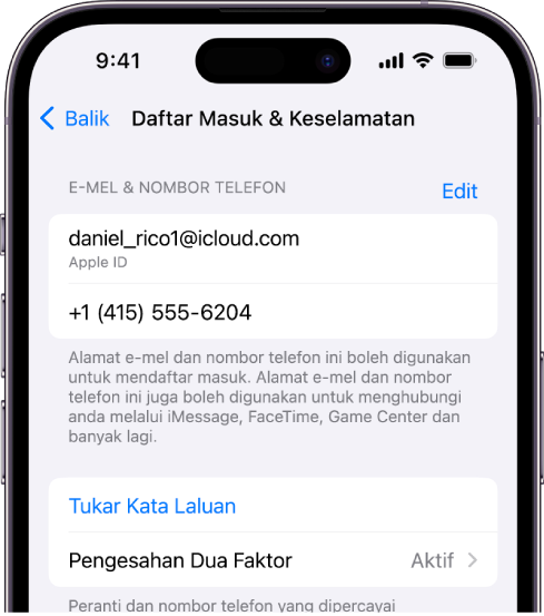 Skrin iPhone menunjukkan pengesahan dua faktor diaktifkan.