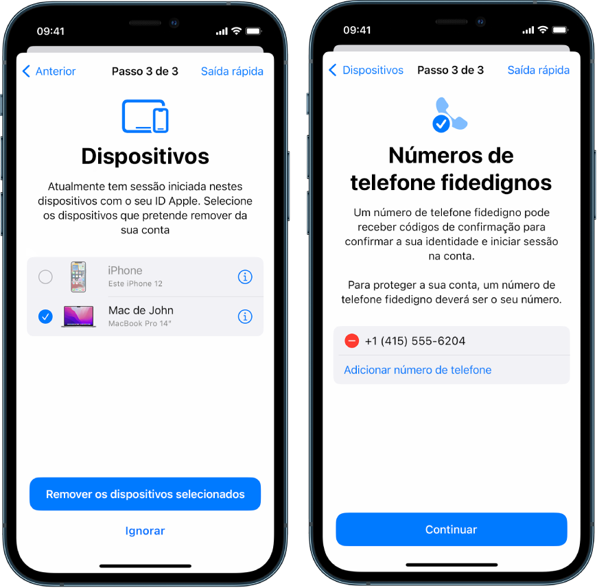 Três ecrãs de iPhone mostram (1) um dispositivo selecionado para remover dos dispositivos fidedignos, (2) um ecrã para editar números de telefone fidedignos, e (3) um ecrã para atualizar uma palavra-passe de ID Apple.